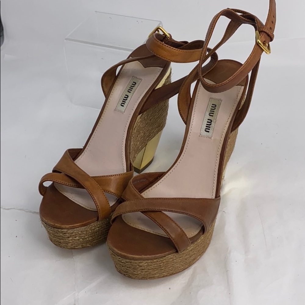 MIU MIU Prada Sz 38 Leather Espadrille Heel Wedges - Picture 11 of 16